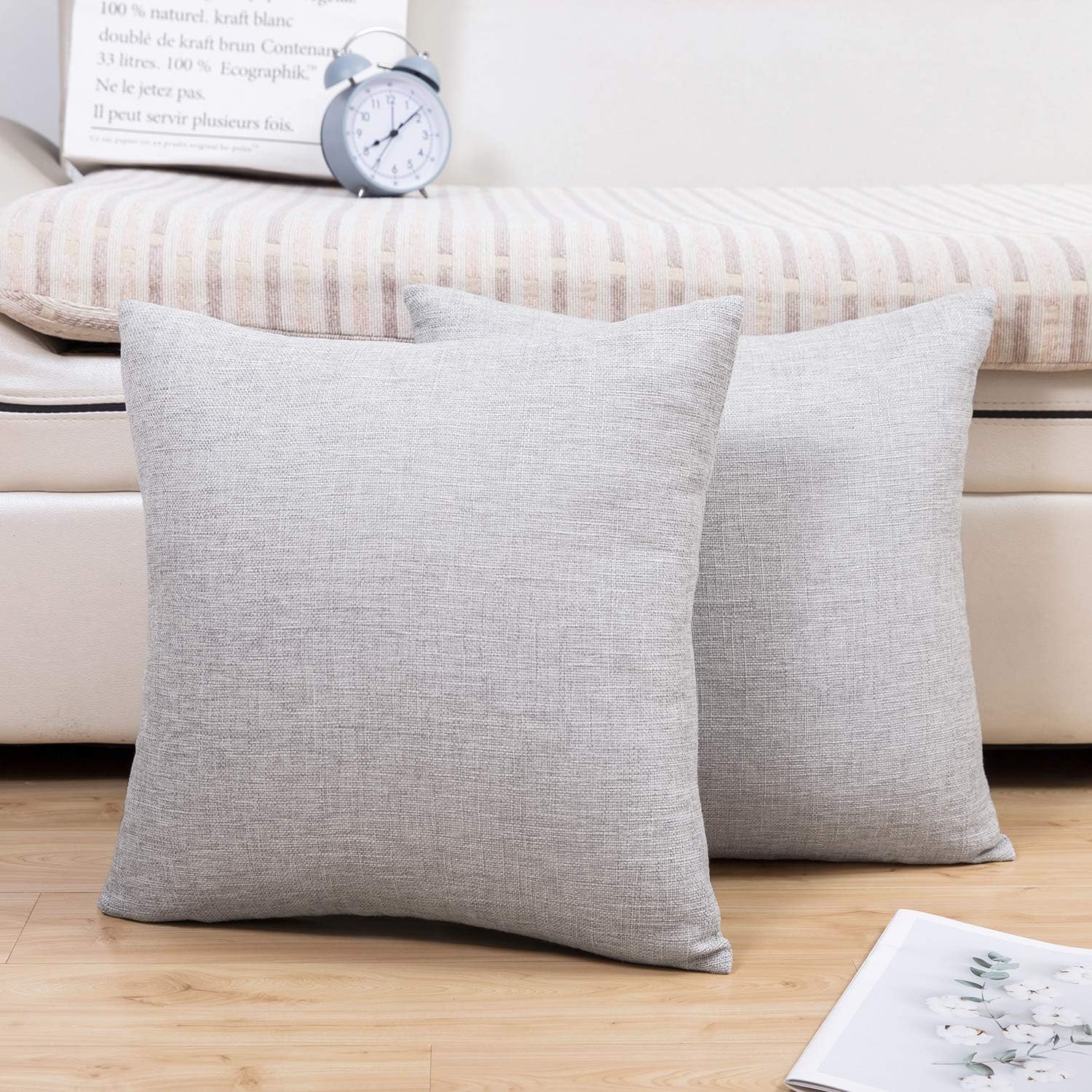 Jepeak Comfy Throw Pillow Covers Cushion Cases Pack of 2 Linen Farmhouse Modern Decorative Solid Square Pillow Covers for Couch Sofa Bed Home Decoration (Light Grey, 24 x 24 inch)
