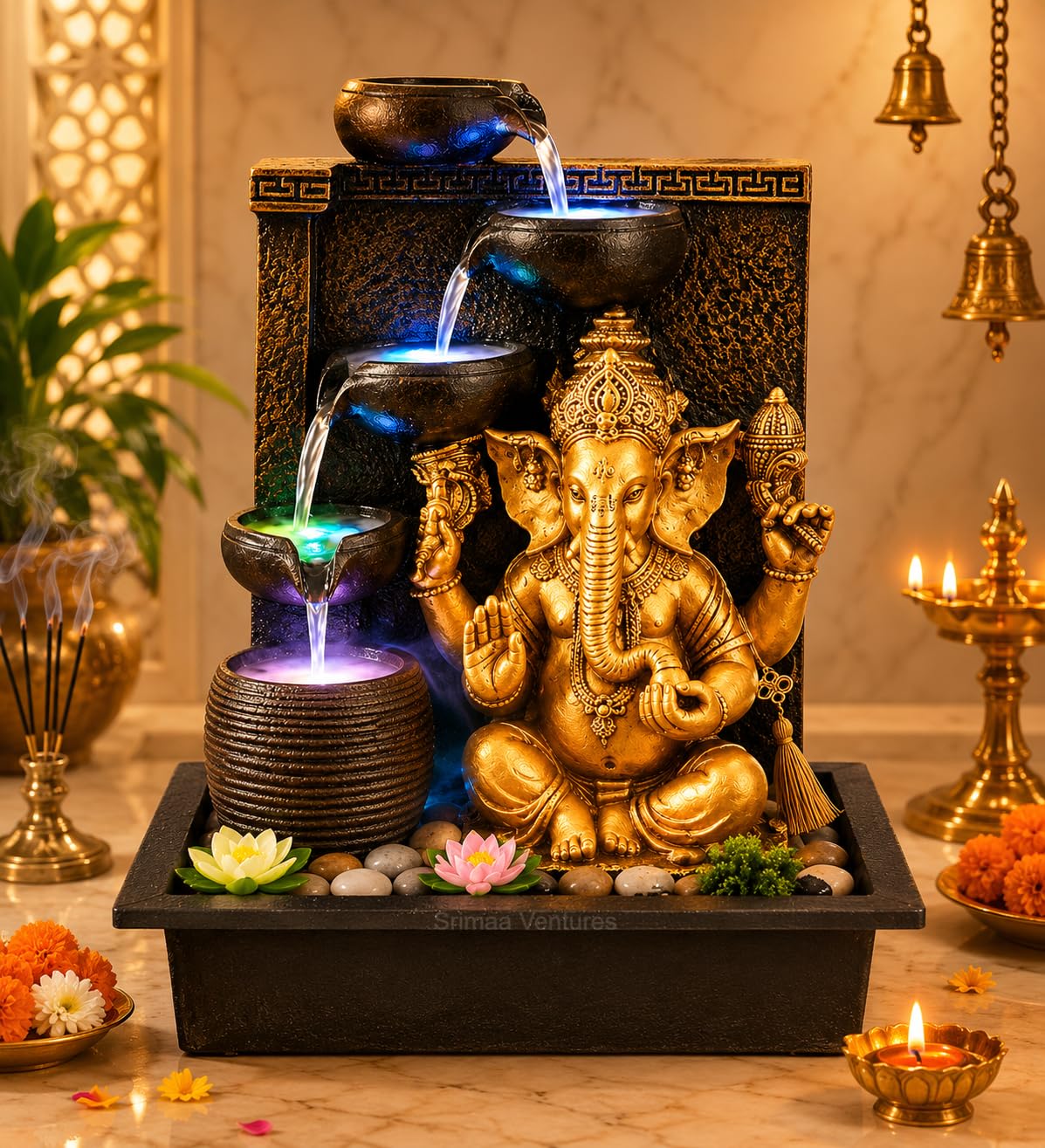 Lord Ganesha Polyresin Water Fountain | Cascading Diya Steps Brown Golden Indoor Waterfall Decor for Living Room, Temple, Home Entrance-image-26