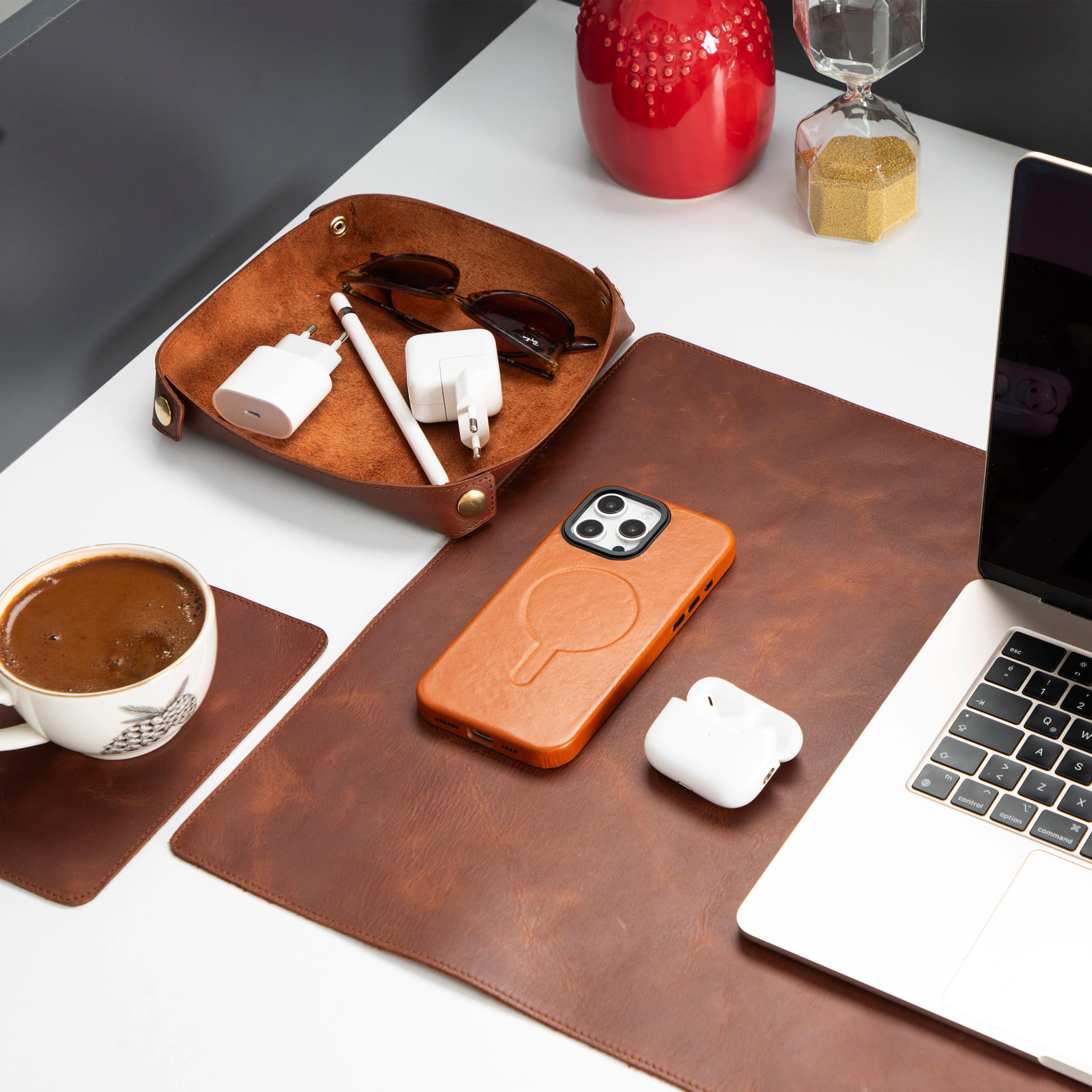 Büro-Set – Schreibtischunterlage aus echtem Leder (81,3 x 40,6 cm), Schreibtisch-Organizer und Tassen-Untersetzer – hochwertiges handgefertigtes Bürozubehör für eleganten Arbeitsplatz