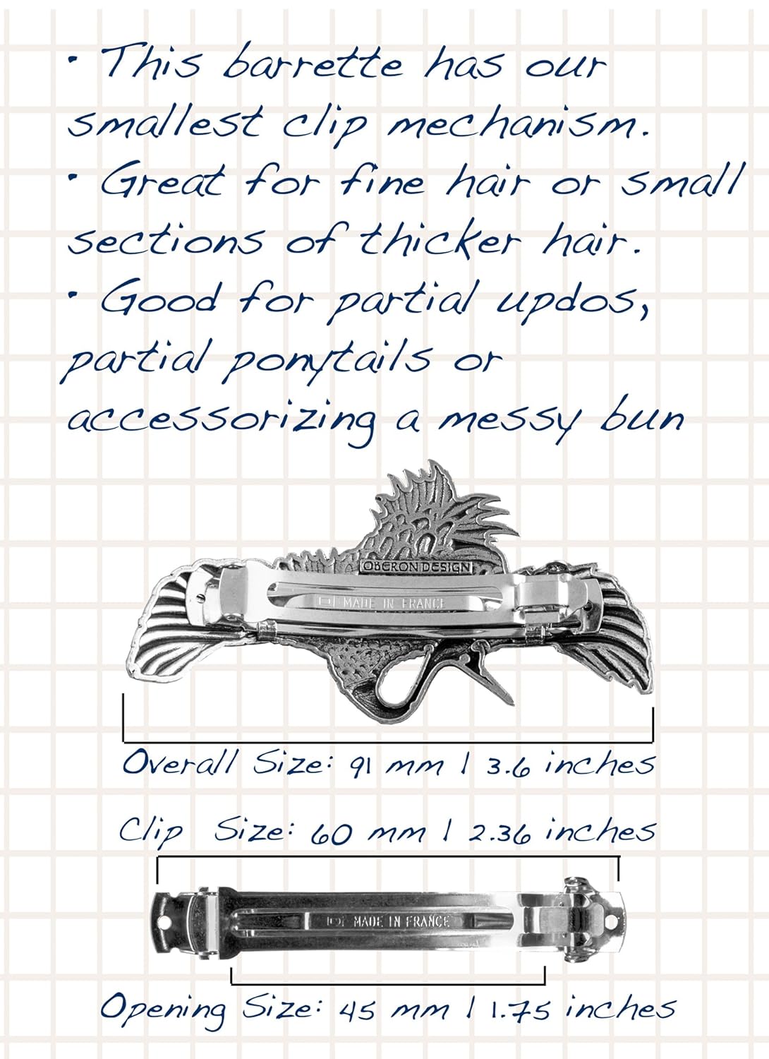 Crane Hair Clip, Small Hand Crafted Metal Barrette Made in the USA with a 60mm Imported French Clip by Oberon Design : Beauty & Personal Care