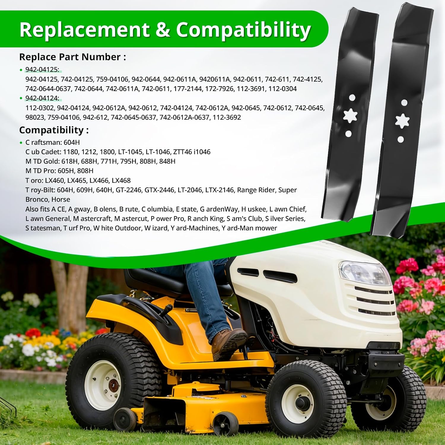 942-04125 & 942-04124 Mower Blade Set for 46'' Deck, Compatible with C ub Cadet LT-1045 LT-1046 i1046, H uskee LT-4200, T roy-Bilt, M TD, Replace 742-04125, 942-0611A, 742-04124, 942-0612A, 3 pcs Set