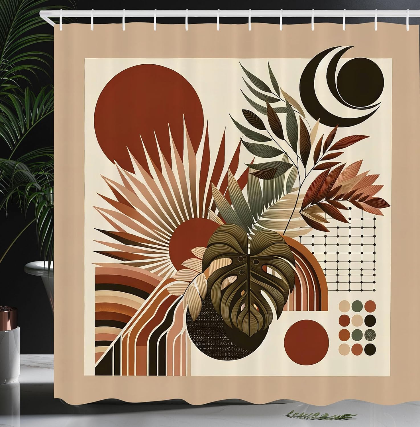 Ambesonne Monstera Shower Curtain, Spicy and Neutral Colors in an Abstract Boho Mid Century Style Leaves, Cloth Fabric Bathroom Decor Set with Hooks, 69" W x 84" L, Redwood Beige and Black