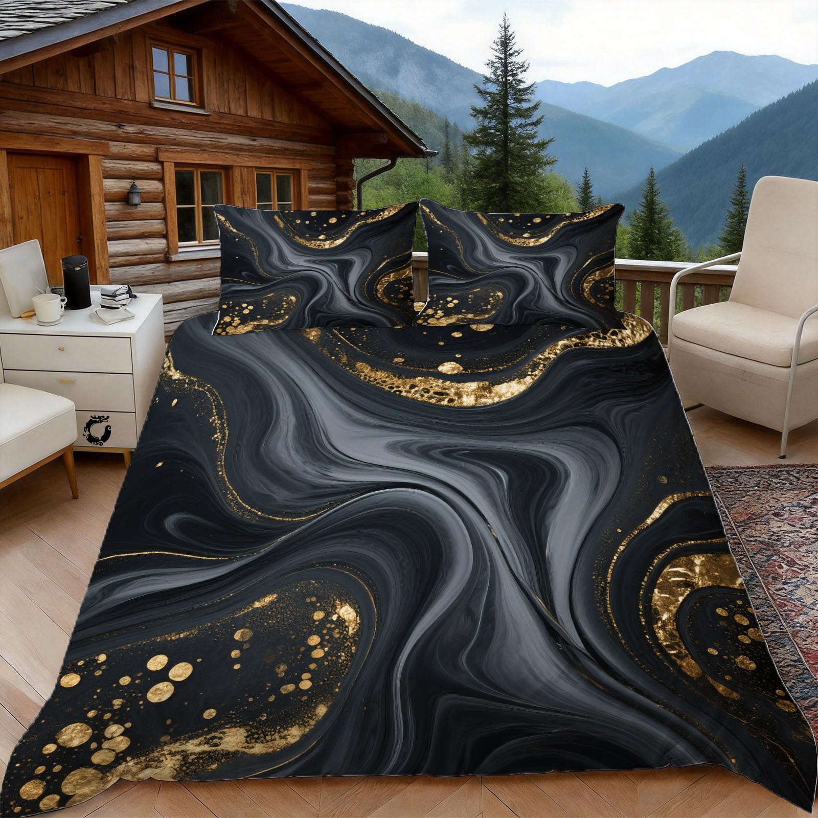Housse de couette 240 x 260 marbre or et noir avec 2 taies d'oreiller pour lit 2 personnes