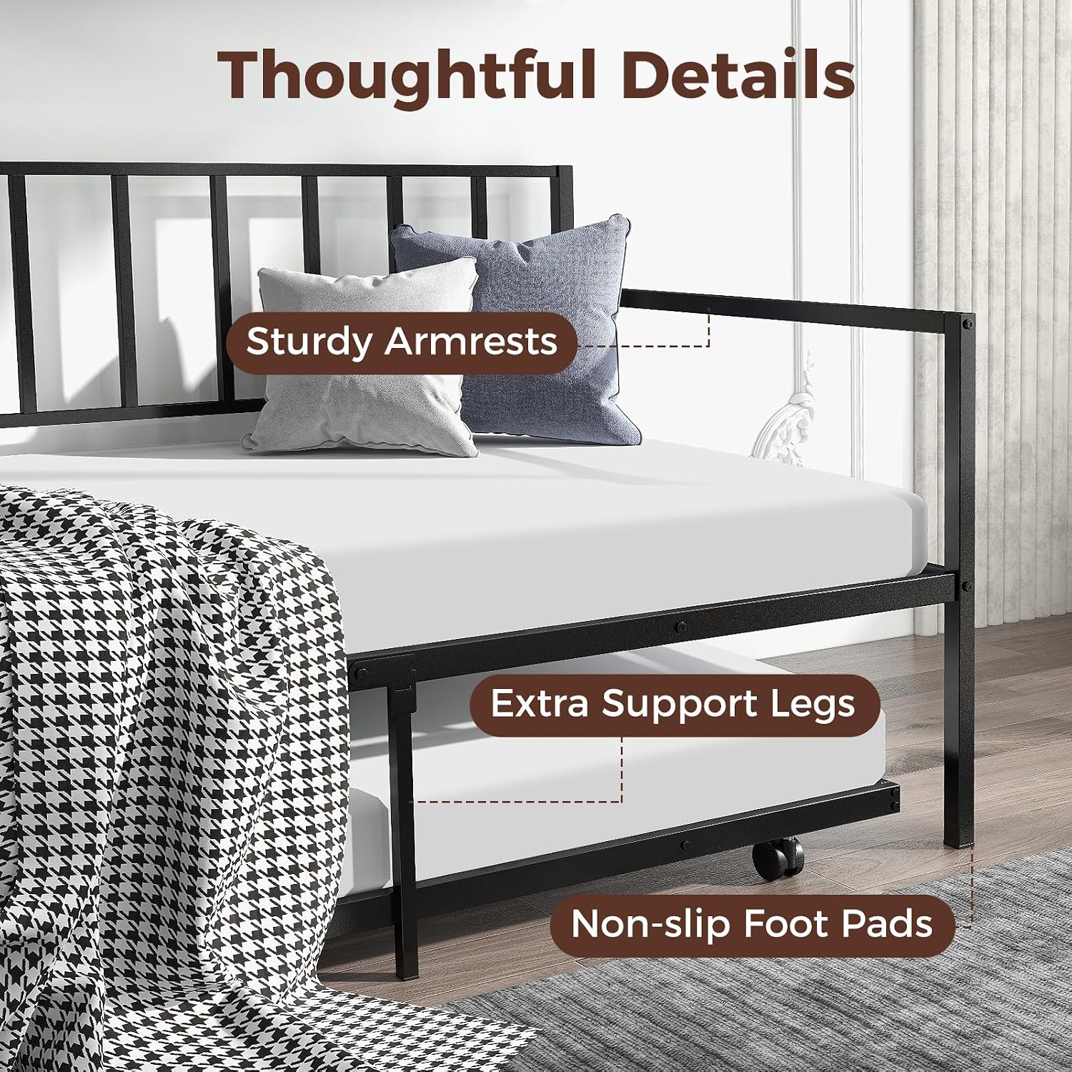 GOFLAME Daybed with Trundle Twin Size, Space-Saving Sofa Bed Frame with Rolling Pull-Out Bed, Guest Bed with Metal Slat Support, Mattress Foundation for Living Room & Bedroom, No Box Spring Needed