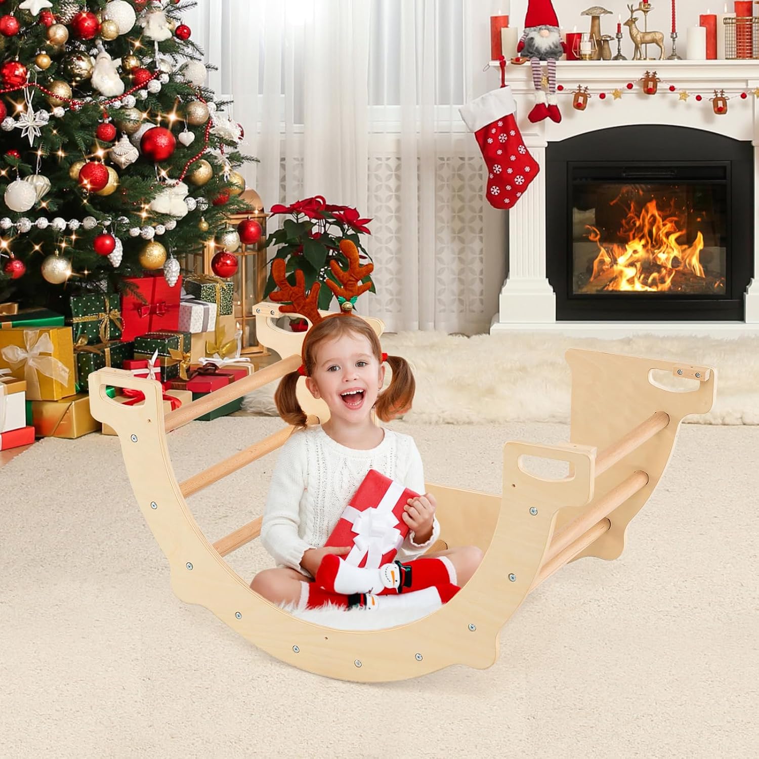 HONEY JOY Pikler Wooden Arch Climber, Montessori Sensory Table for Kids w/Foldable Storage Bin, Baby Rocker Ladder Play Gym, Toddler Climbing Toys Indoor, Learning Gift for Kids (31.5” × 18.5” × 16”)