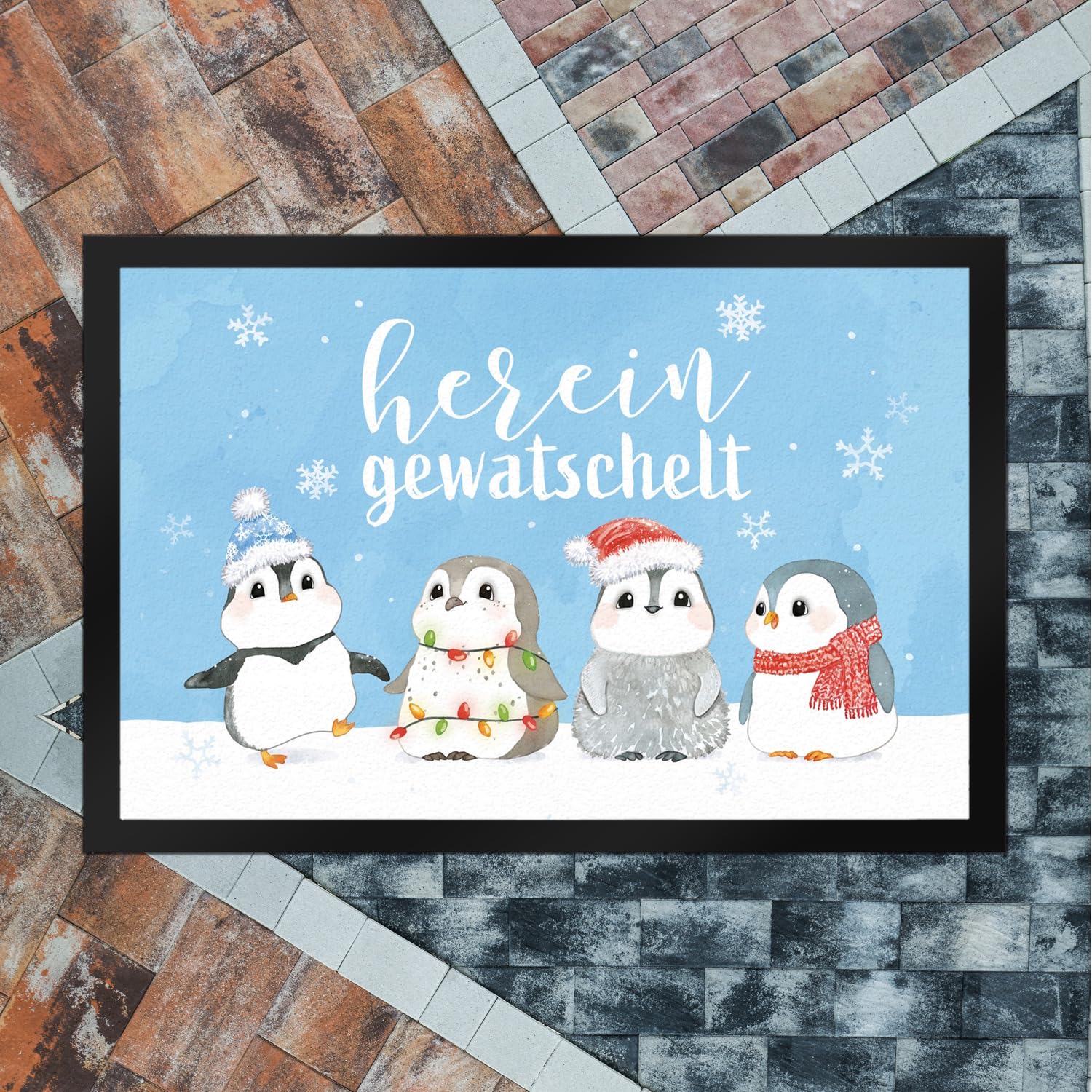 speecheese Pinguin Familie Fußmatte XXL in 50x75 cm mit Spruch Hereingewatschelt eine weihnachtlicher Türvorleger Motiv für Frauen winterliche Fußabtreter