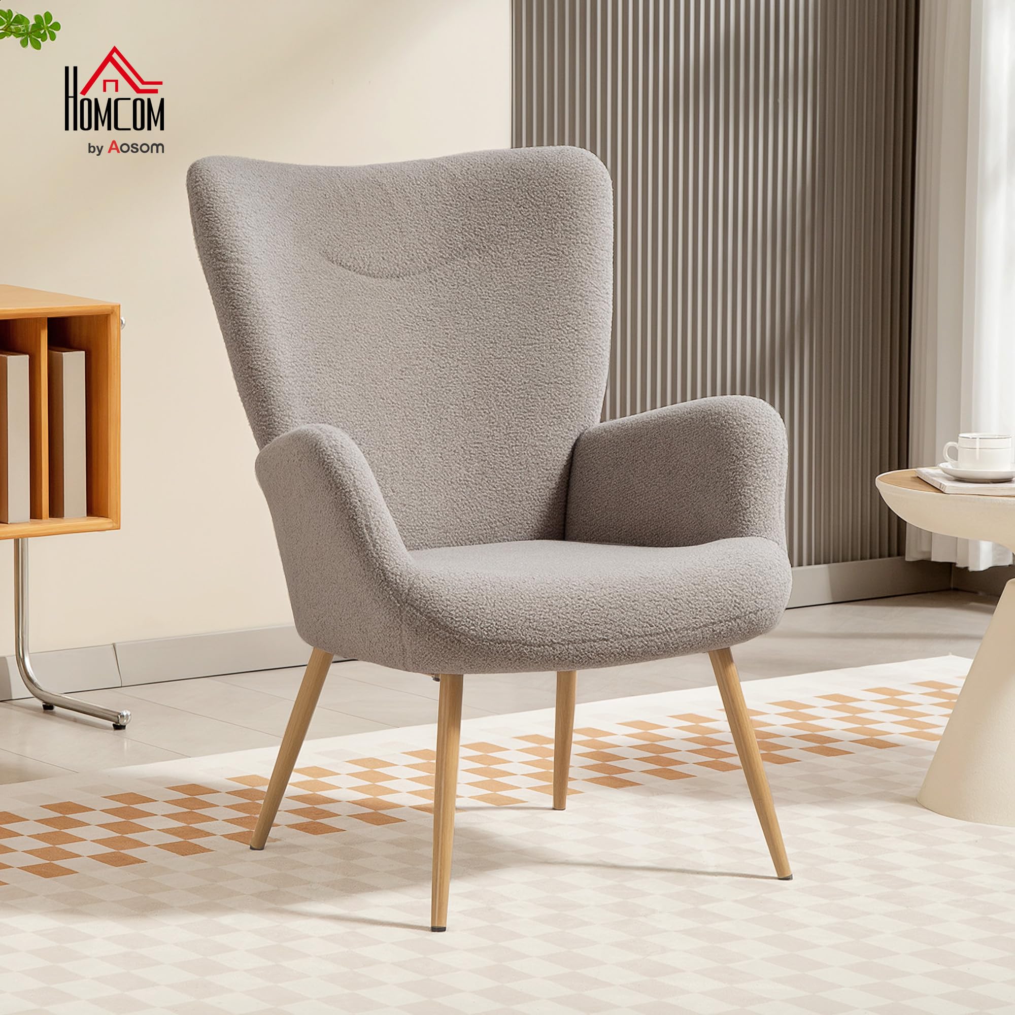 HOMCOM Sillón tapizado en Tela Boucle con Estructura de Acero Gris | Sillón de acento, respaldo alto, reposabrazos, para salón, dormitorio, rincón de lectura