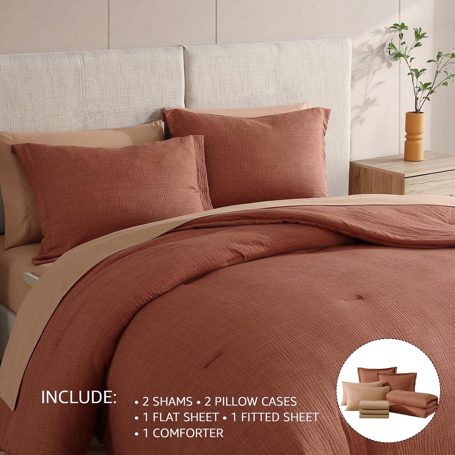 Geniospin King Size Comforter Set- 7 Pieces Terracotta Textured King Bedding Set, Soft Solid Bed in a Bag for All Seasons, Fall Comforter Set with Sheets - Image 4