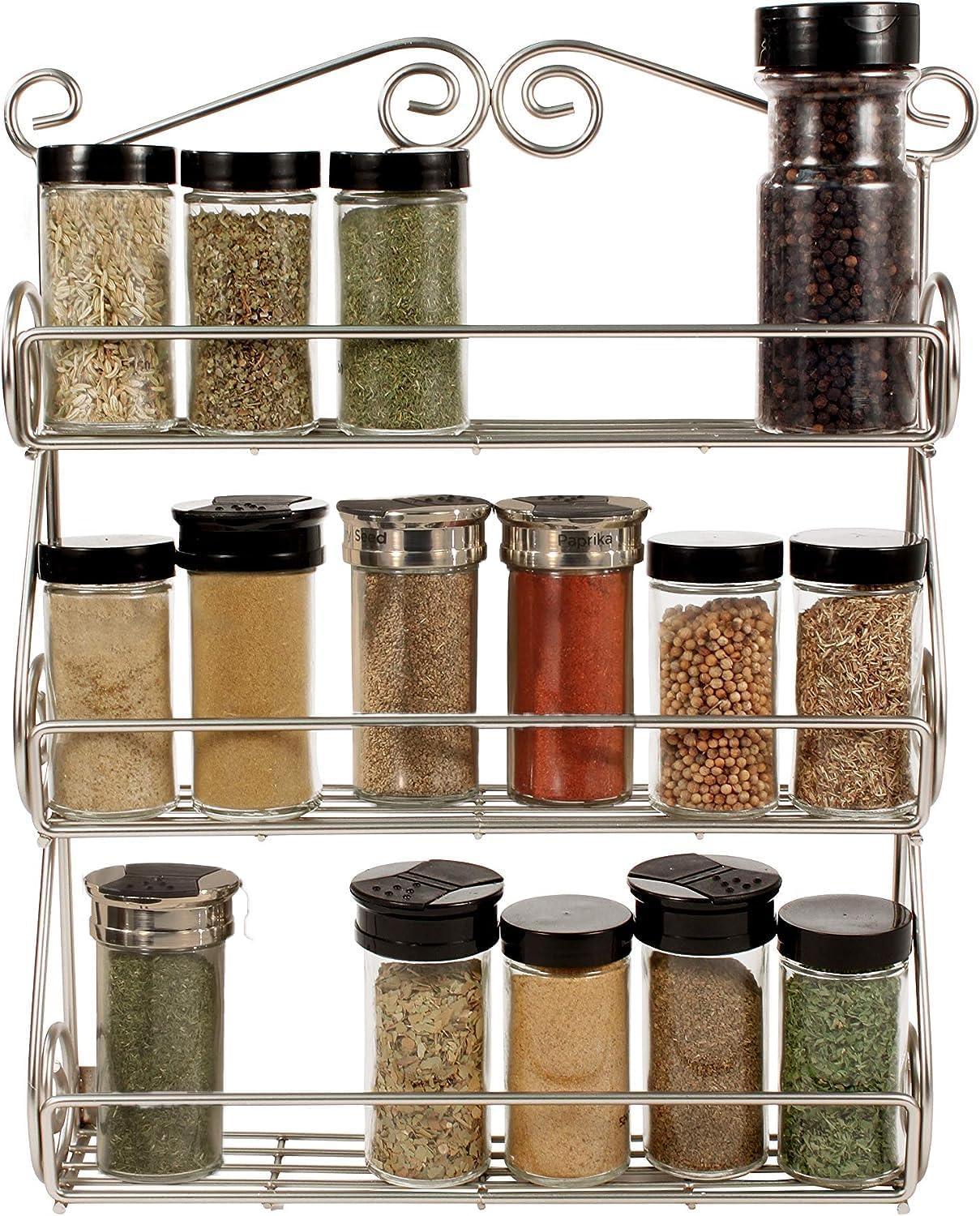 FitWell Scroll Wall Mount Spice Rack, 3-Tier, Traditional Spice Rack Cabinet & Kitchen, Beauty & Nail Polish Organizer for Bathroom, Scroll Wall-Mounted (Satin Nickel)
