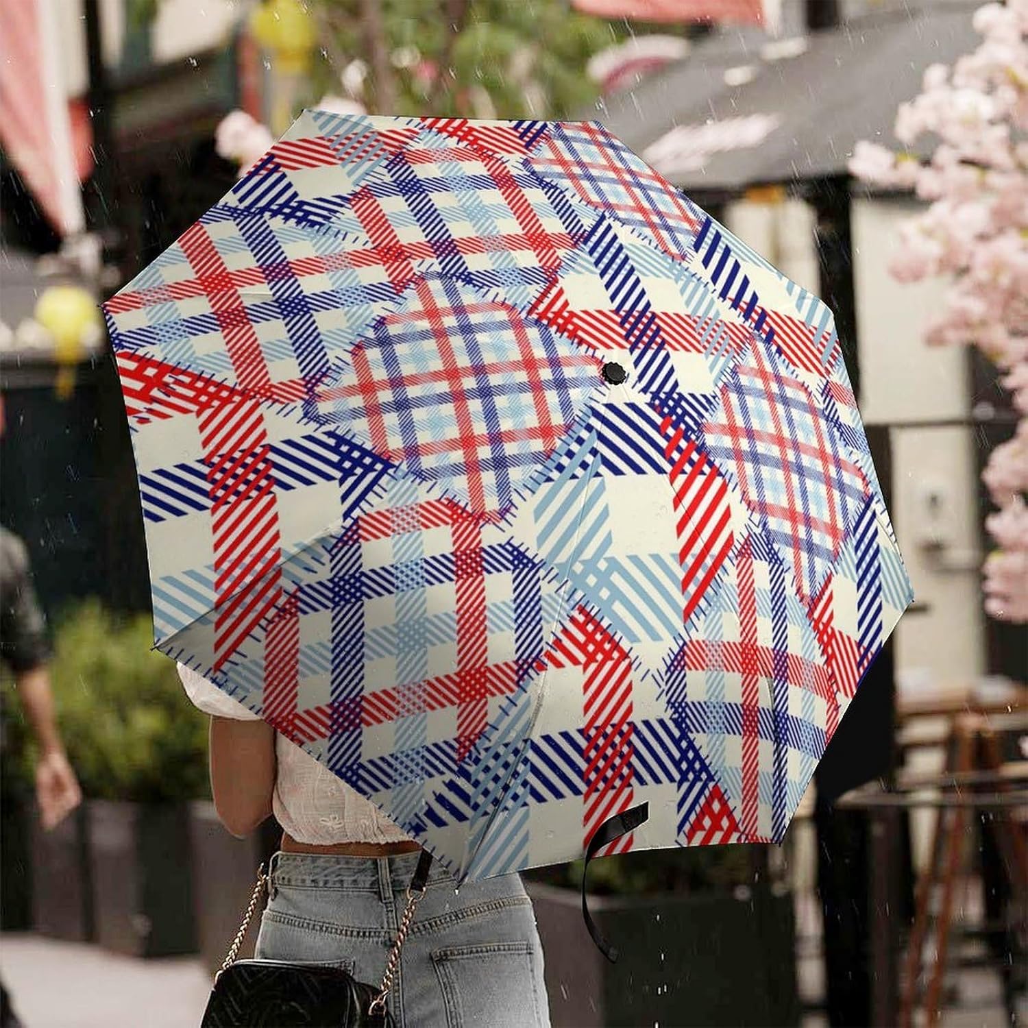 Christmas Lights On Plaid Green Umbrella Strong Windproof Automatic Umbrellas for Rain Sun Protection