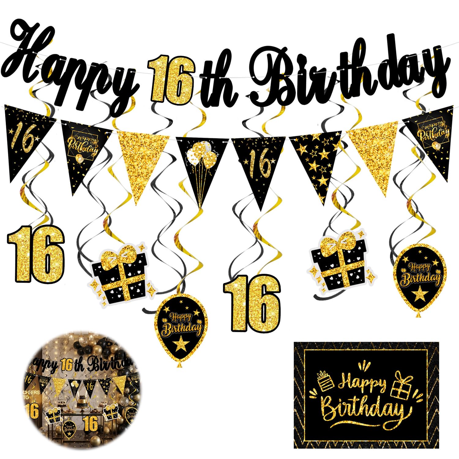 Happy 16th Birthday Banners Decorations with Bunting and Hanging Swirls