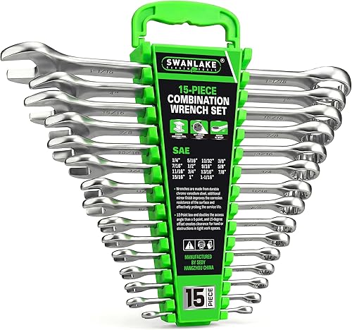 SWANLAKE GARDEN TOOLS Juego de llaves SAE de 15 piezas, juego de llaves combinadas premium con muesca en V, SAE de 1/4" a 1", par máximo, 12 puntos,
