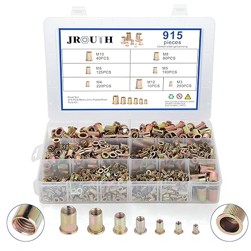 915 piezas Kit de tuercas remachables métricas roscadas M3 M4 M5 M6 M8 M10 M12, insertos de tuerca de acero al carbono chapado en zinc - JROUTH