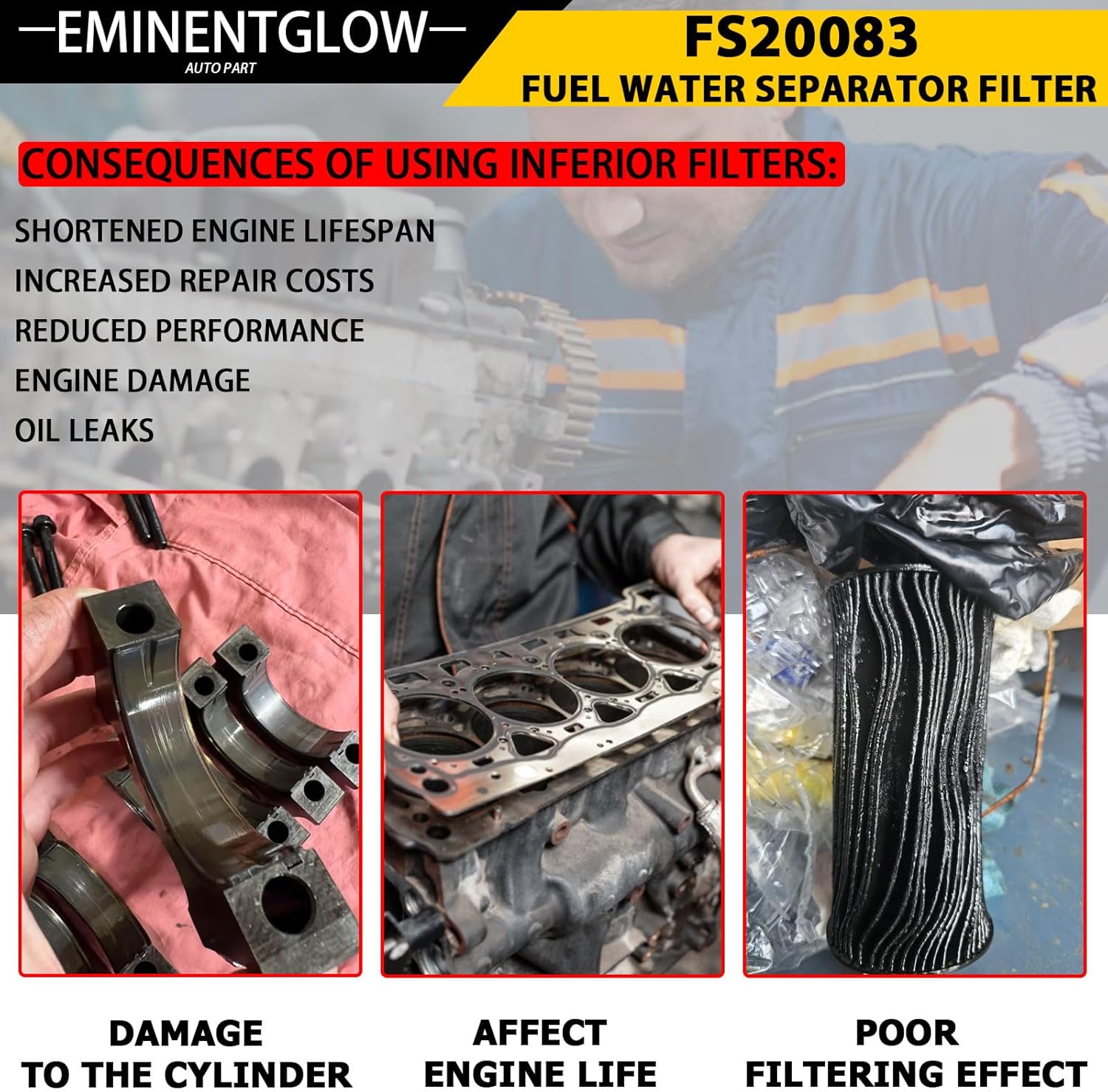 FS20083 Fuel Water Separator Filter Compatible with Freightliner Cascadia Cummins ISX X12 X15 DD13 DD15 DD16 Detroit Diesel Engines Replaces A48507 PF46145 A0000905051 PF46145 Set Of 1