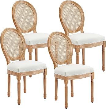 Rattan Dining Chairs Set of 4 French Country Dining Chairs with Round Back, Farmhouse Upholstered Dining Accent Chairs, Mid Century Modern, Linen Fabric