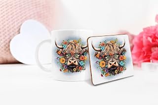 Funny Highland Cow & Glasses Mug and/or Coaster Gift Set Funny Scotland Moody Tartain Humour (Mug & Coaster Set)