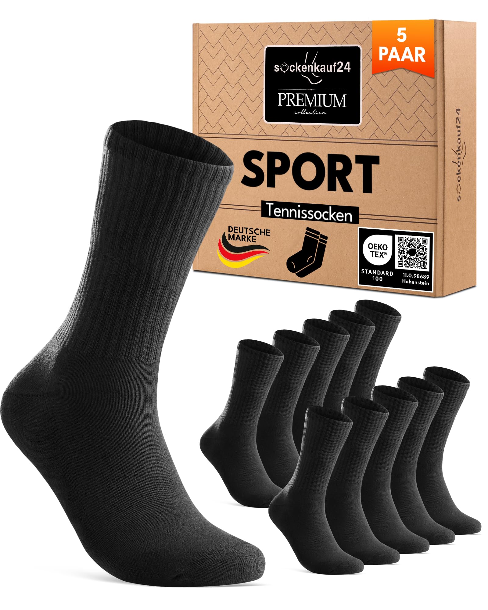 sockenkauf24 Sportsocken Herren Socken 39-42 Schwarz Damen Tennissocken Gepolstert Atmungsaktive Baumwolle 5 Paar Premium Crew Socken