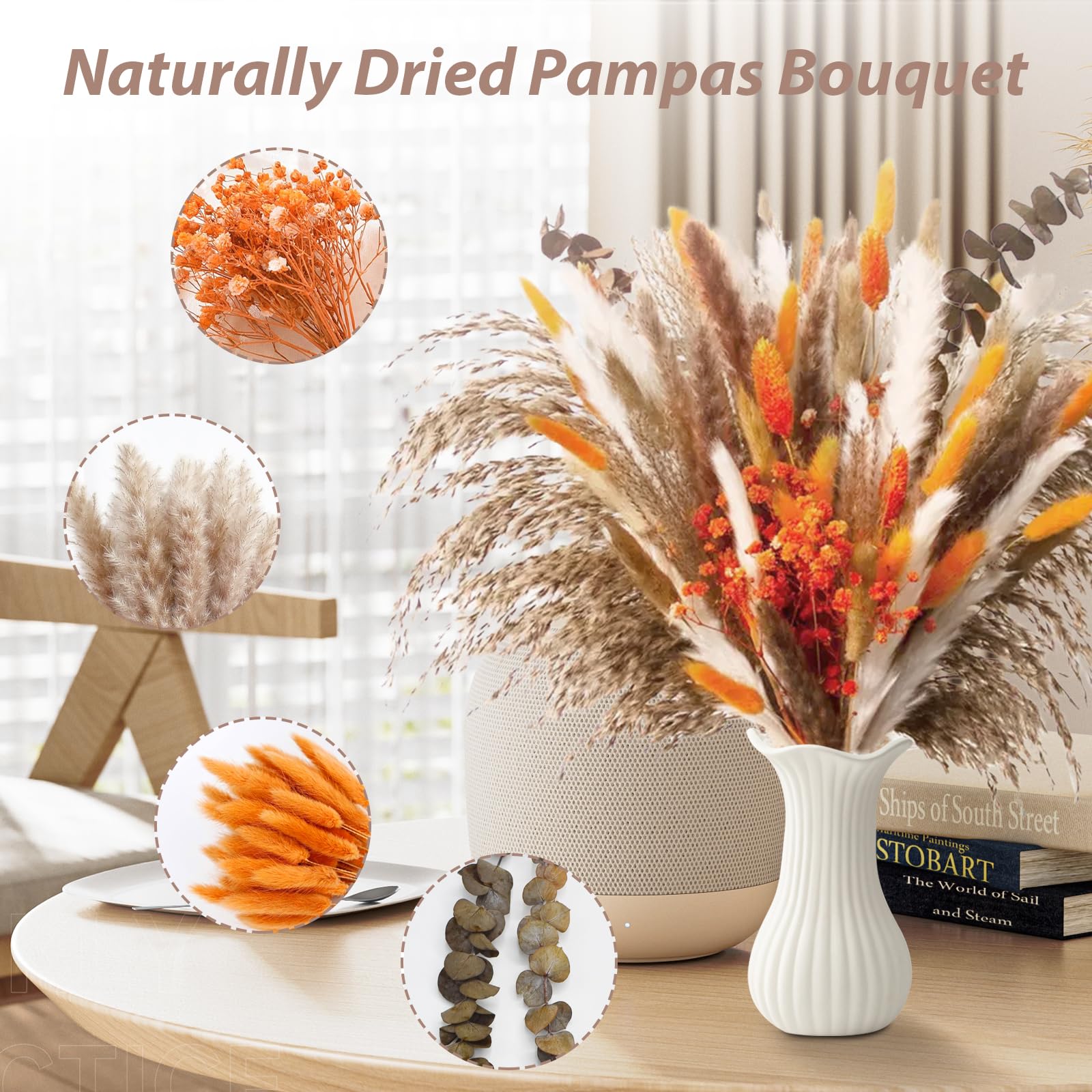 61 Pezzi Pampas Decorativi Naturale, Bouquet Fiori Secchi, Erba Essiccati Eucalipto Pianta per Rustico Boho Tavola Casa Matrimoni Decorazioni Autunnali