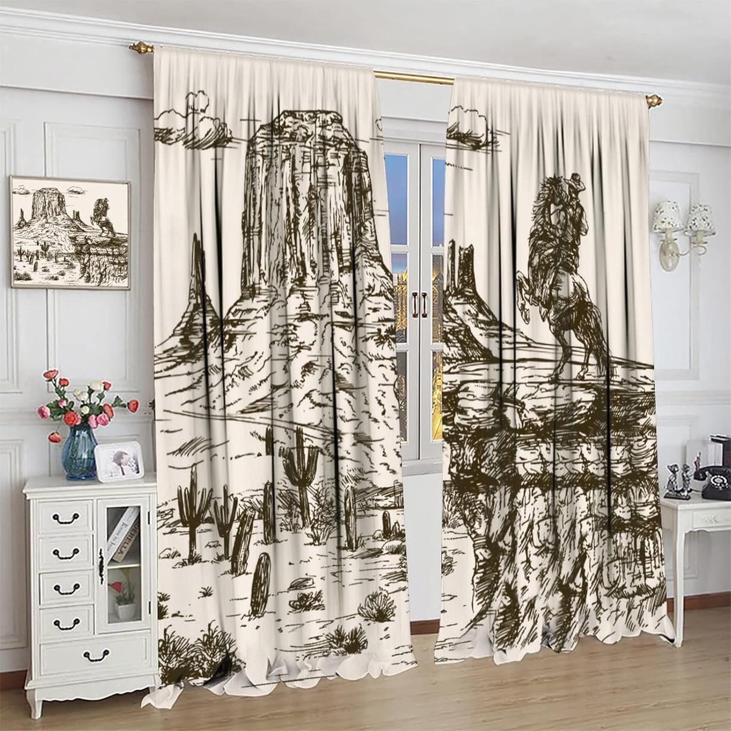 Western Rod Pocket Blackout Curtains for Living Room,Thermal Insulated Country Theme Hand Drawn American Wild West Desert with Cowboys Window Drapes,2 Panels 63L x 31.5W