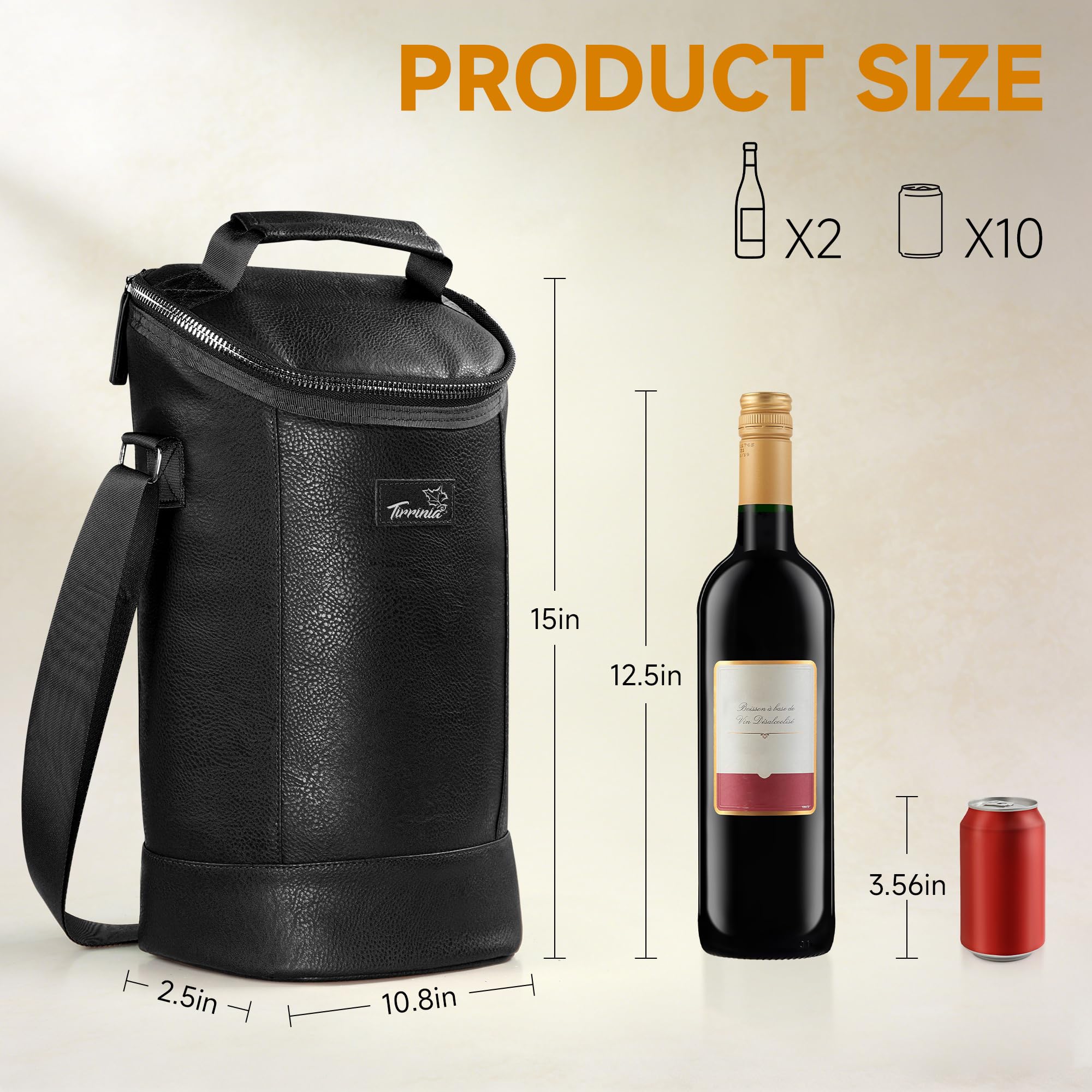 Kato Tirrinia Borsa termica termica per 2 bottiglie, in pelle, da viaggio, per vino e birra, regalo per gli amanti del vino, per picnic, feste, colore nero