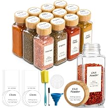 SHOWIN Spice Jars with Label, 8oz Spice Containers with Bamboo Lids 12pcs, Glass Spice Jars with Lids, Square Seasoning Containers for Rack, Cabinet, Drawer, Home Kitchen Seasoning Organizer