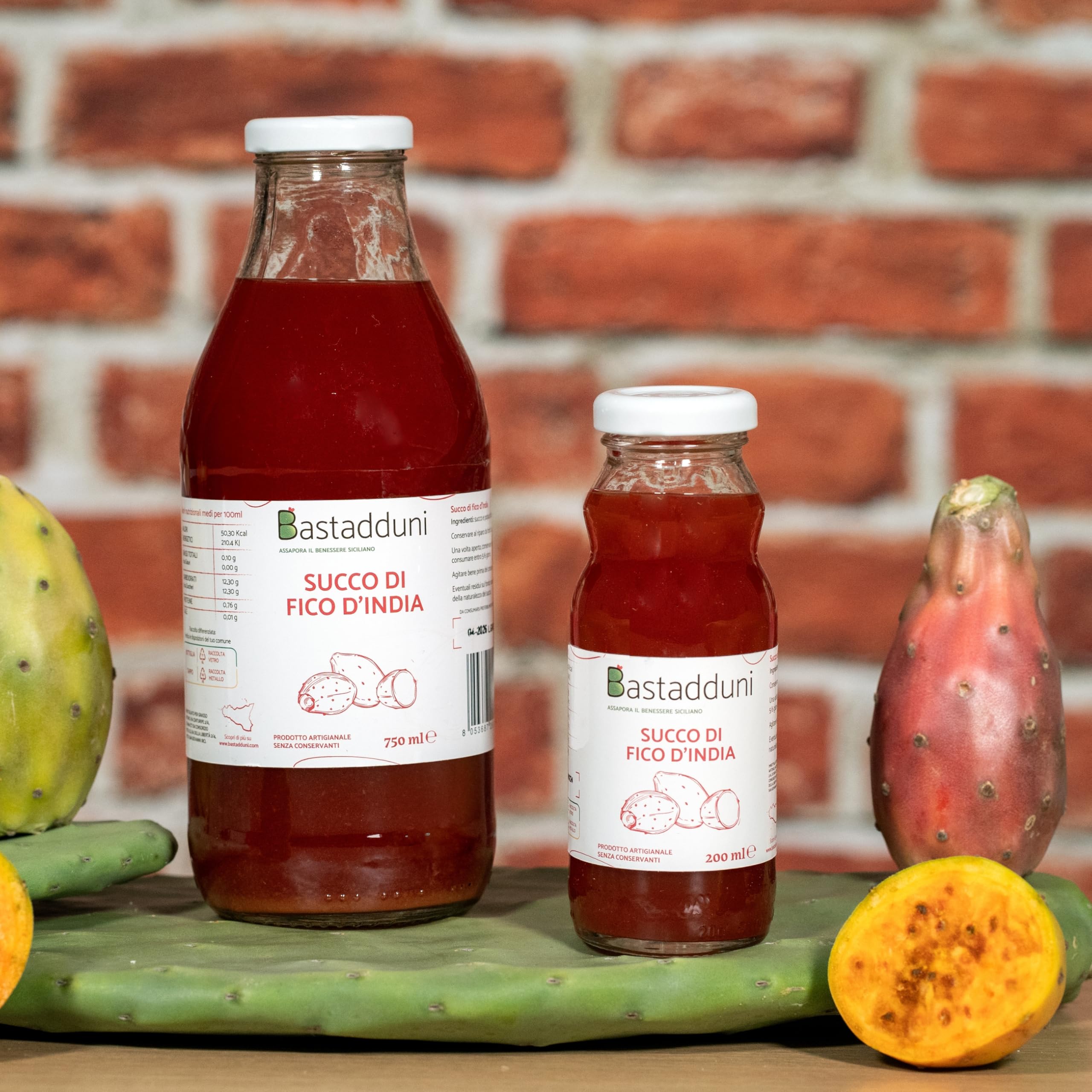 Bastadduni - Succo di Fico d'India 100% Naturale - 12x200ml - Senza Zuccheri Aggiunti - Spremuta di Frutta in Bottiglia di Vetro - Bevanda rinfrescante - Succo di frutta per bambini