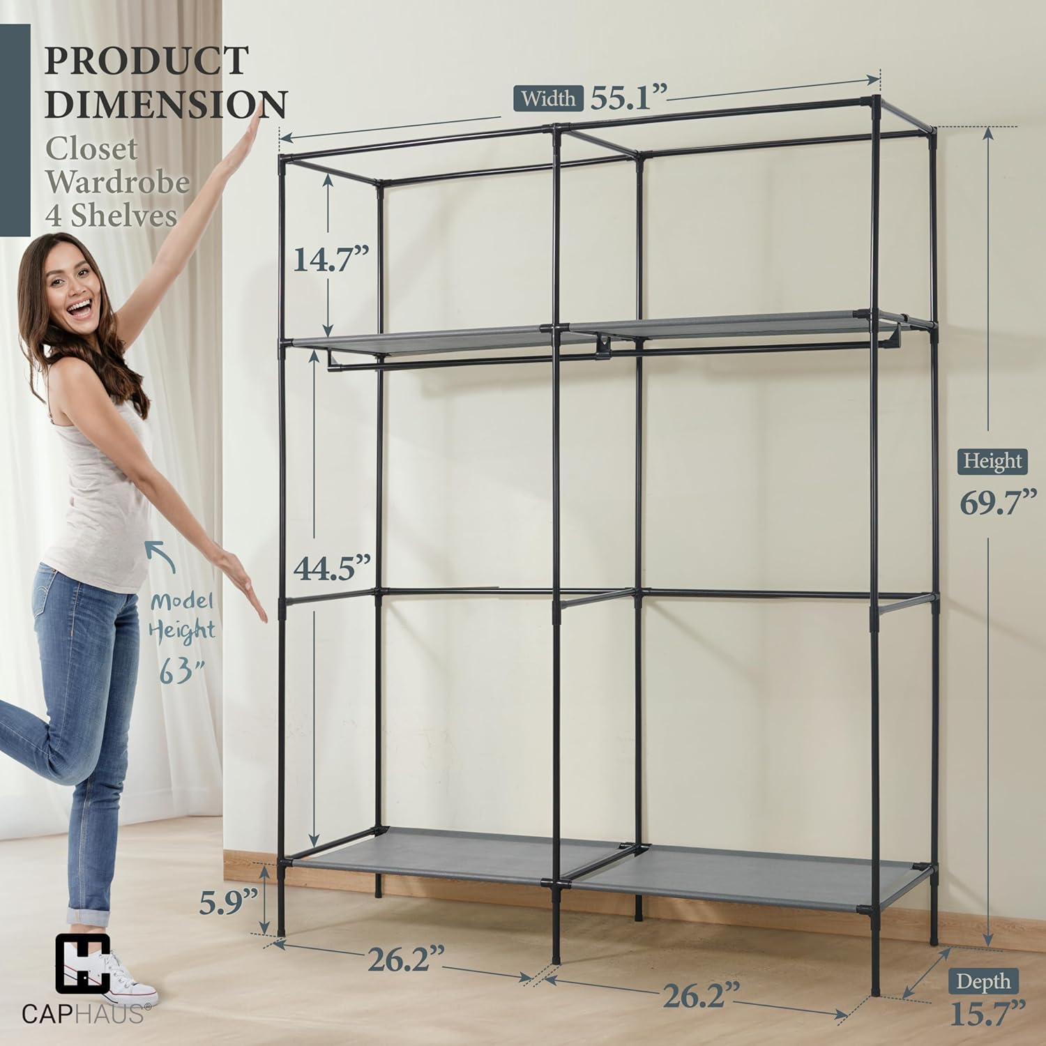 CAPHAUS 55-Inch Clothing Rack with Cover, Portable Closet Wardrobe, Covered Garment Rack for Hanging Clothes, 190LB Capacity Heavy-Duty Metal Frame Clothes Organizer Rack with Storage Shelves
