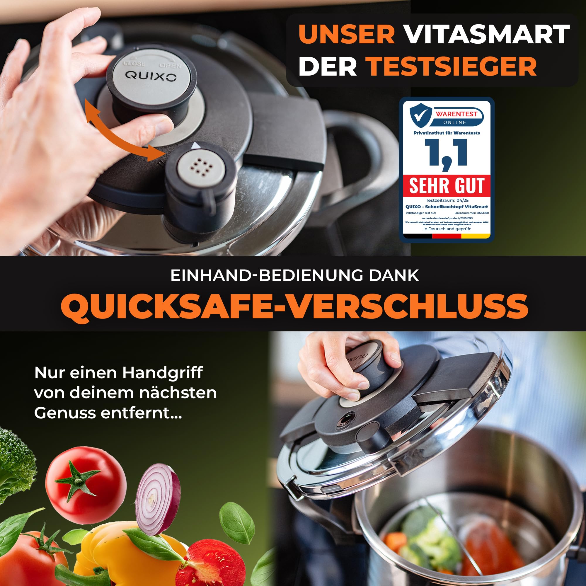 QUIXO Schnellkochtopf 6L VitaSmart mit Kochzeitsignal für alle Herdarten [NEU mit Füllmengenmarkierung] Dampfkochtopf mit 2 Garstufen (6L + Garkorb)