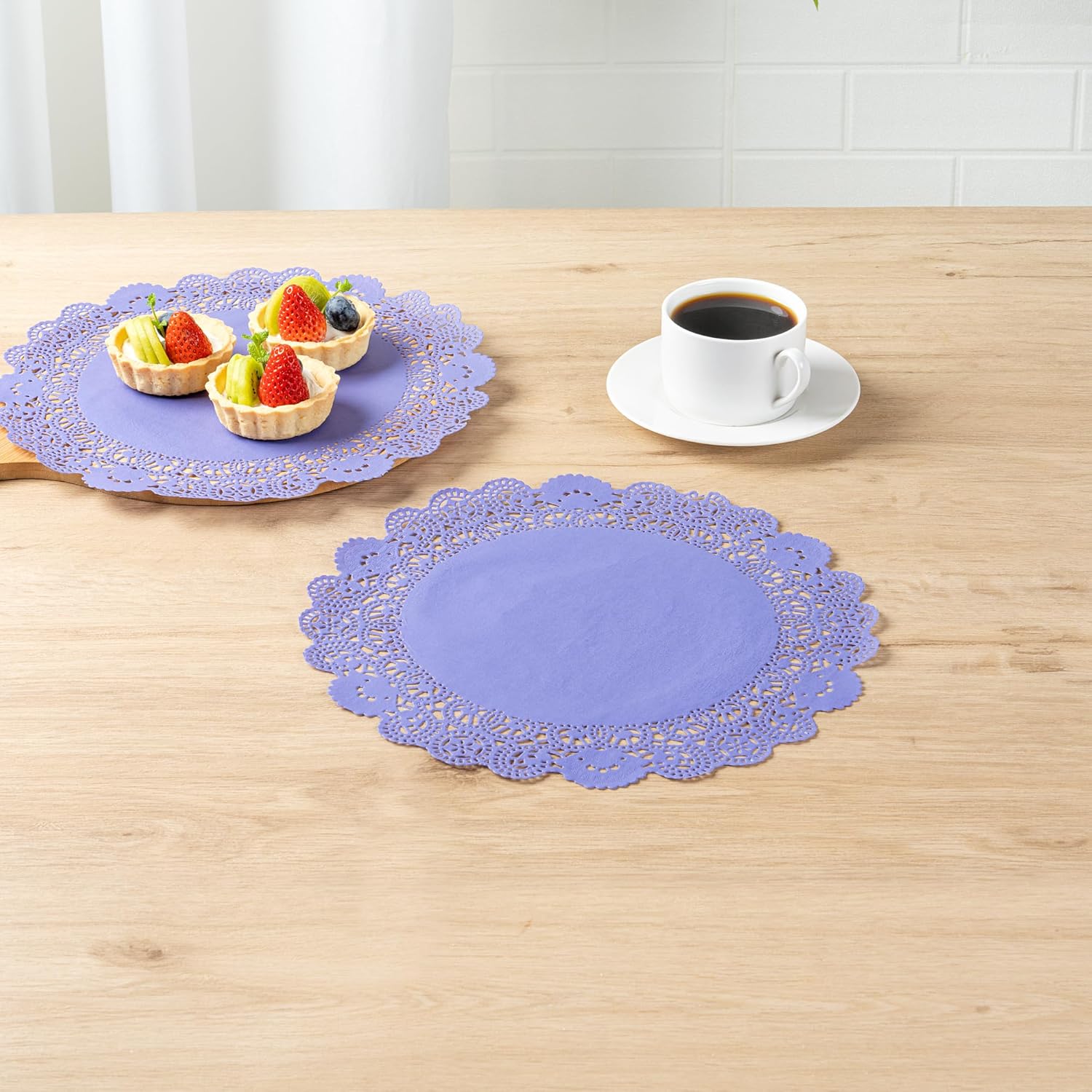 Pastry Tek 12 x 12 Inch Paper Lace Doilies, 100 Disposable Table Doilies - Elegant Lace Finish, Long Lasting, Purple Paper Doily, for Pastries, Cupcakes, Desserts - Restaurantware