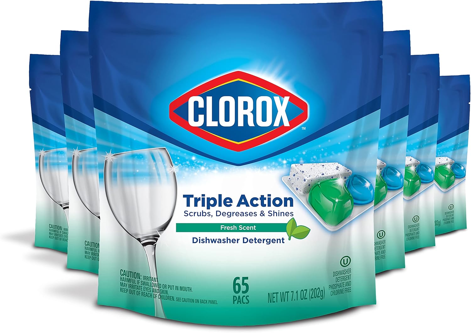 Clorox Triple Action Dishwasher Detergent Pacs, 65 Count (Case of 6, 390 Total