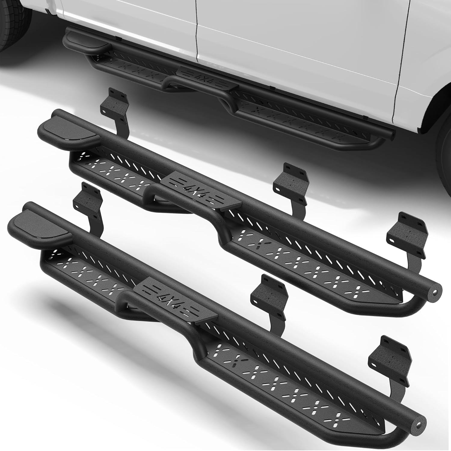Running Boards Side Steps Compatible with 2015-2025 Ford F150 and 2017-2025 F250/F350 SuperCrew (4 Full-Size Doors), Two-Raised Step Design, Powder-Coated Black Carbon Steel 2PCS Nerf Bars