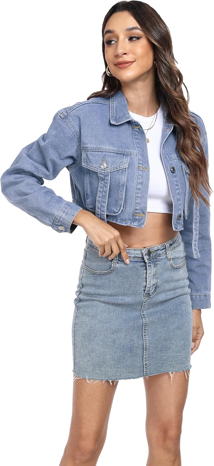 andy & natalie Womens Jean Jacket Cropped Fashion Button Down Denim Jackets Short Shacket Outfit - Image 4