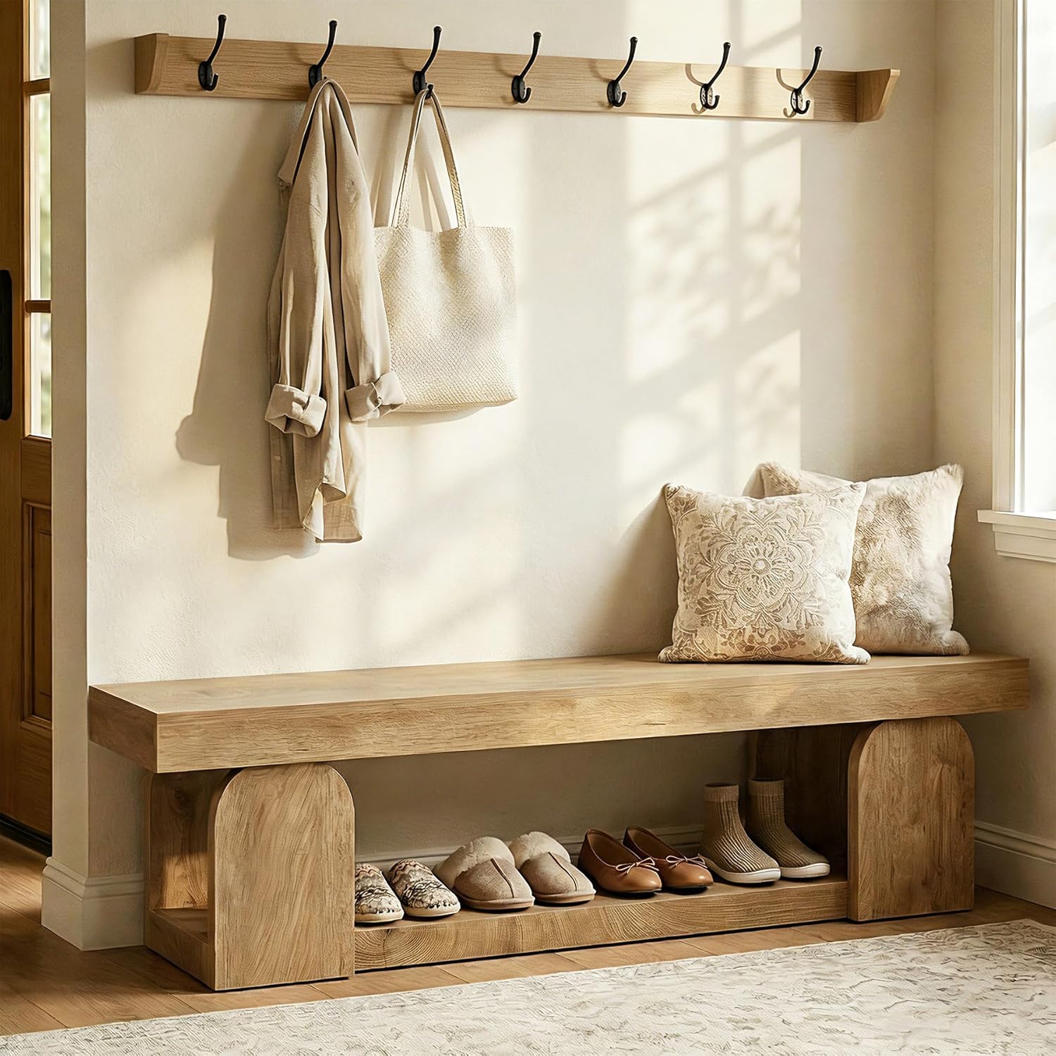 Tribesigns 63-Inch Long Entryway Bench, Farmhouse Entry Shoe Bench with Storage Shelf, Wooden Indoor End of Bed Bench Seat for Bedroom, Hallway, Foyer, Natural