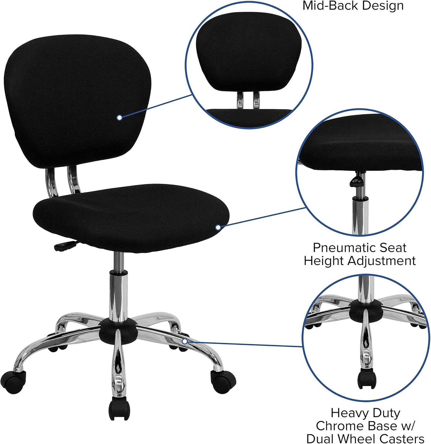 Pemberly Row Mid-Back Mesh Office Swivel Chair, Black Mesh Upholstery, Chrome Frame, Adjustable Height, 360° Swivel, Contoured Foam Seat, 5-Star Base with Casters, Modern Task Chair for Home or