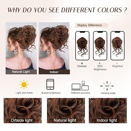 Miniatura 4 de Extensiones de cabello con clip de moño desordenado de fibra sintética para mujer, mezcla de castaño negro y castaño rojizo claro