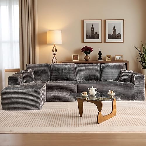 Miniatura 80 de HOOOWOOO Cloud - Sofás seccionales para sala de estar, sofá modular sin montaje, 110 x 79 pulgadas, de pana afelpada, juego de sofá grande