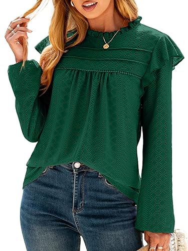 Glamaker Women's Long Sleeve Blouses Ruffle Eyelet Crochet Tops Dressy