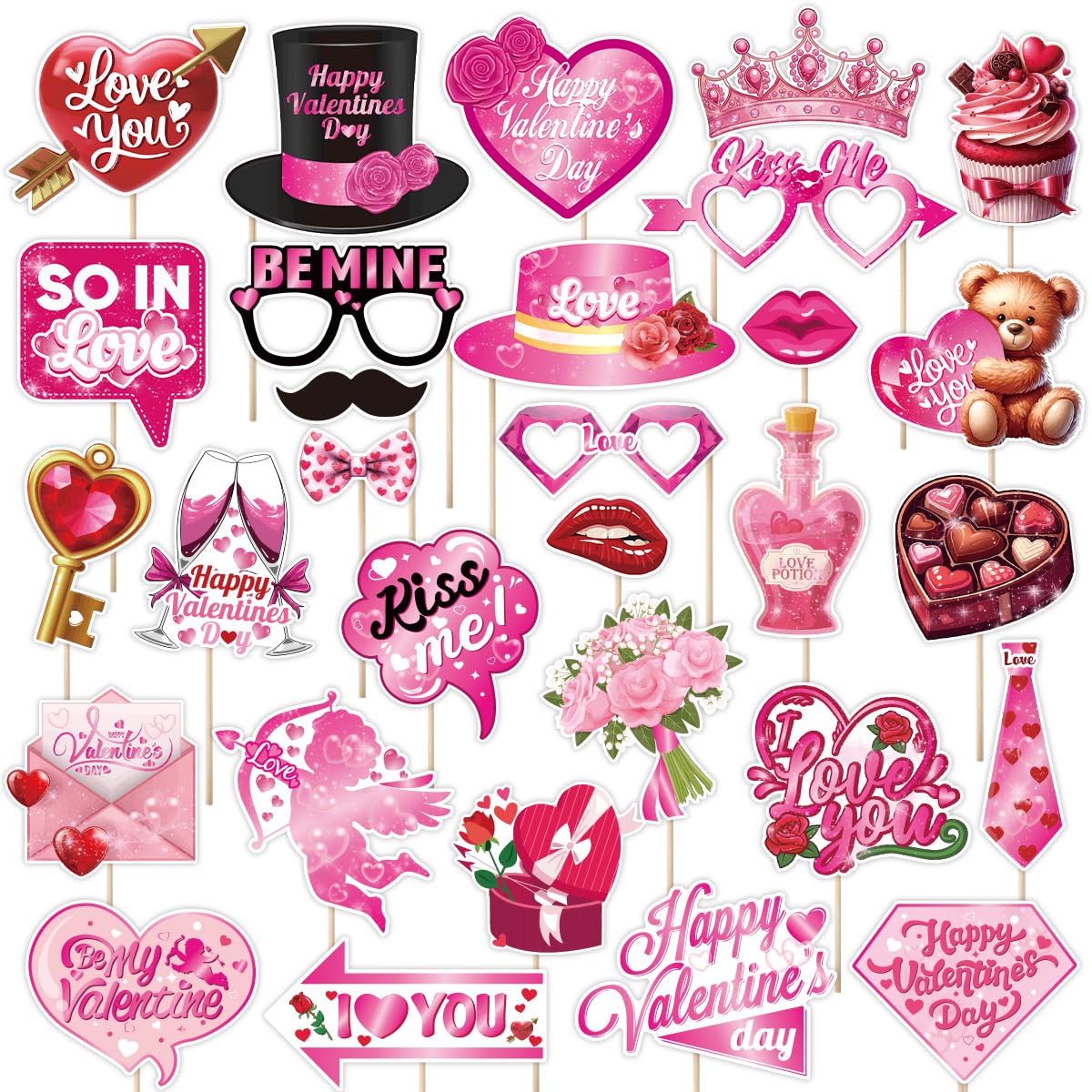 Valentines Day Photo Booth Props, Kaluofan 30 PCS Valentines Photobooth Party Props, Photo Booth Prop Valentine's Day Party Decorations Romantic Pink Valentine's for Wedding Engagement Accessories