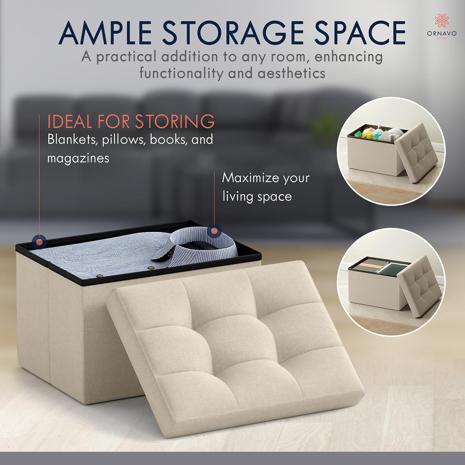 Ornavo Home Small Storage Ottoman Foldable Collapsible Rectangle Linen Ottoman Foot Rest Stool Seat, for Living Room, Bedroom, Home Office, Dorm - 12 x 16 x 12, Beige - Image 3