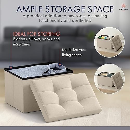 Miniatura 3 de Ornavo Home Otomana de almacenamiento pequeña, juego de 2, plegable, rectangular, de lino, otomano, reposapiés, para sala de estar, dormitorio,