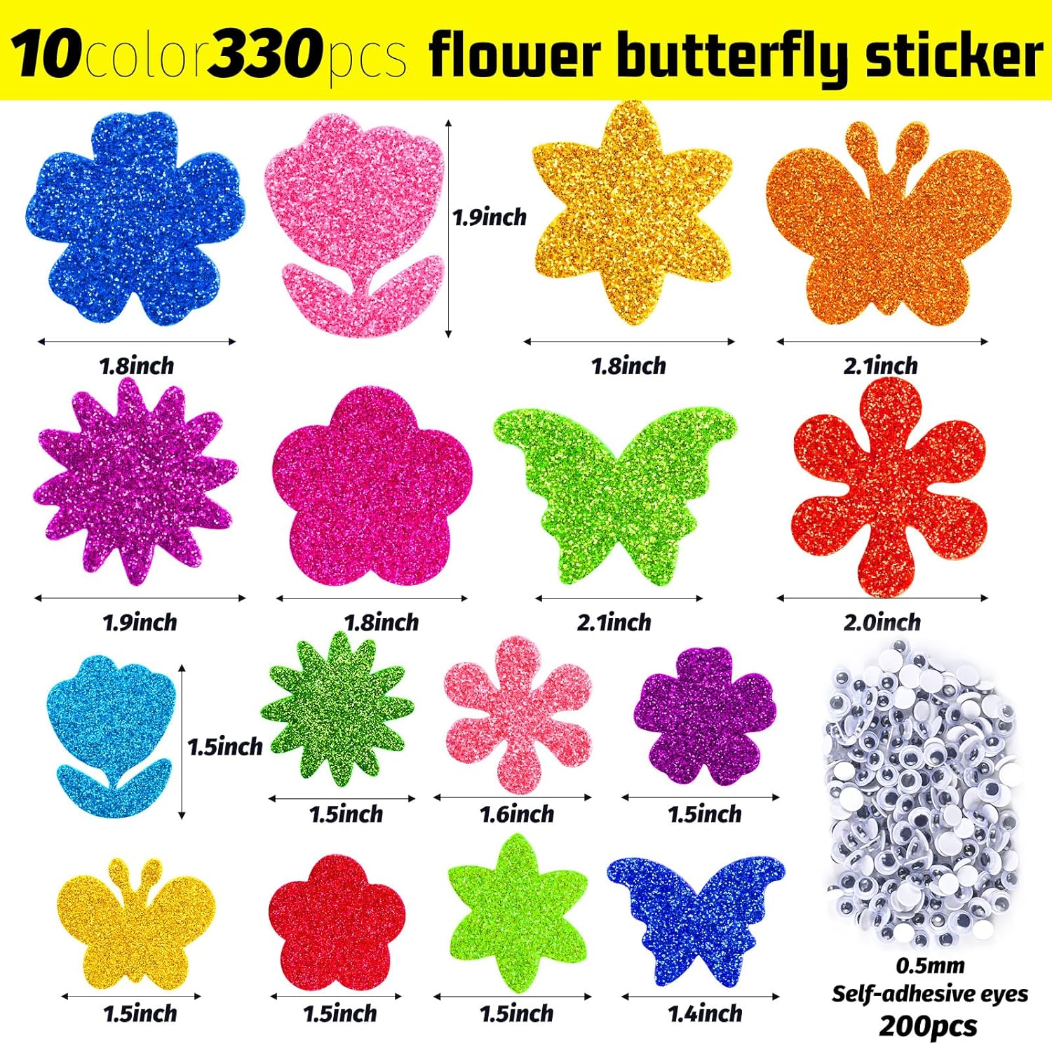 Natonhi 330pcs Flower Stickers,10 Colors Glitter Foam Flower Butterfly Stickers with 200 Self-Adhesive Eyes, Kid Preschool Activity DIY Arts Craft Supplies for Greeting Cards Decoration