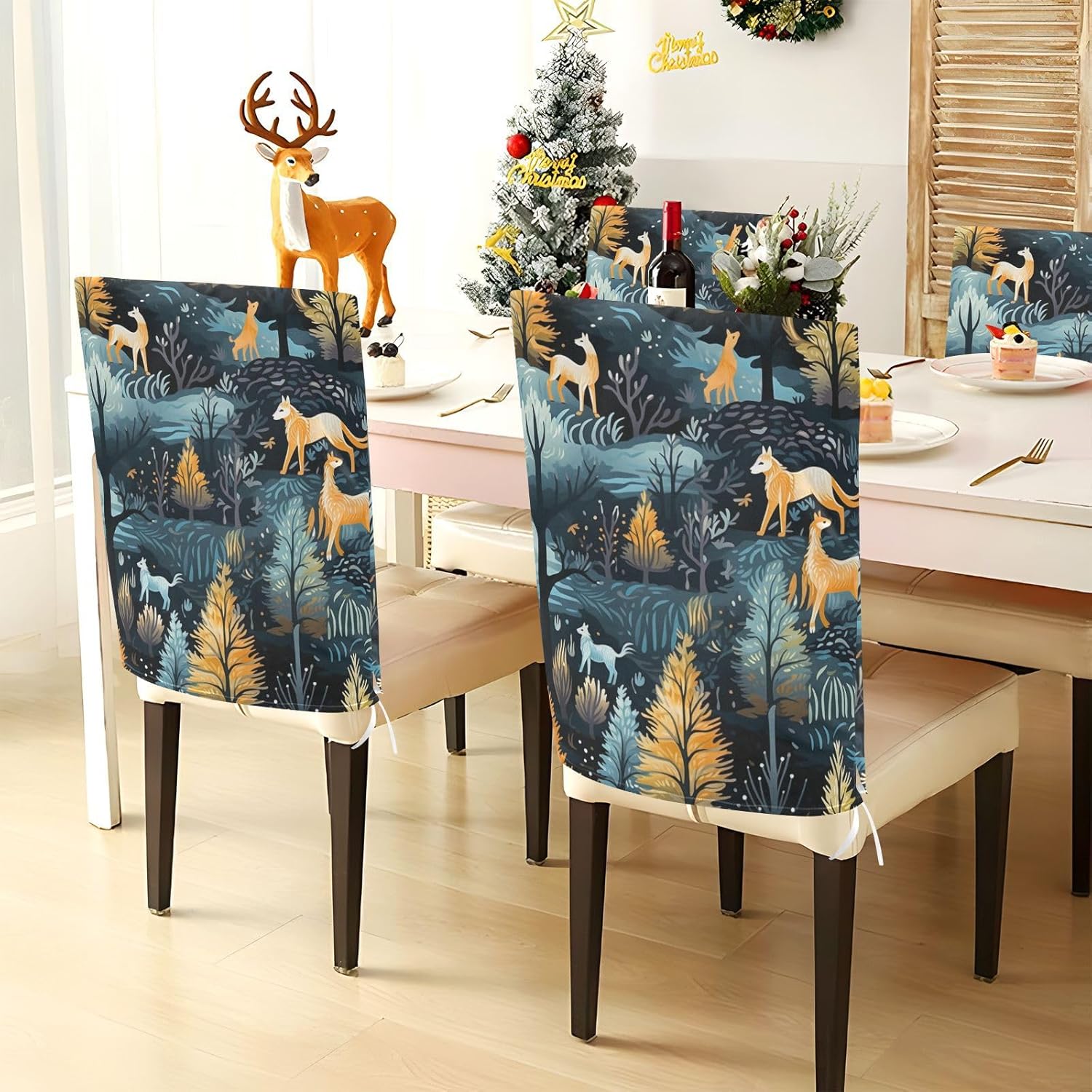 ALAZA Wolves Forest Chair Back Cover Set of 6, Washable Reusable Removable Chair Slipcovers Decorative Chair Cover for Home Kitchen Wedding Party