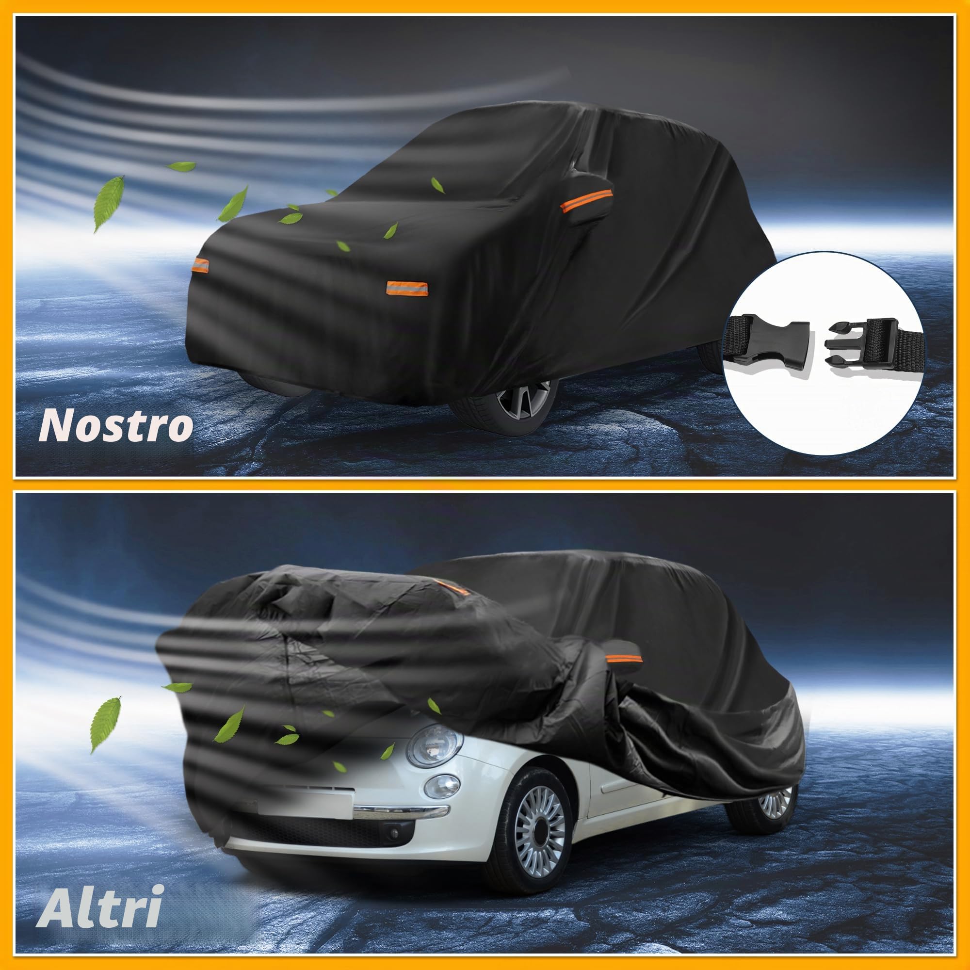 Copertura Auto Impermeabile Per Fiat 500 2007-2022 1 Pezzo | Colore: Nero, Materiale: 190T-PU, Dimensioni: 380x170x135cm, Cerniera Cabina, Cavo Elastico, Strisce Riflettenti