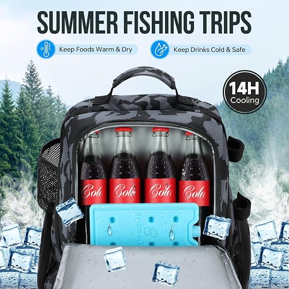 PLUSINNO Cooler Fishing Backpack with Rod Holders 45L Large Water-resistant Fishing Tackle bag Store Fishing Gear Fishing Gifts for Men Father