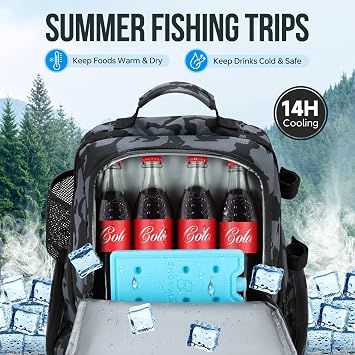 PLUSINNO Cooler Fishing Backpack with Rod Holders 45L Large Water-resistant Fishing Tackle bag Store Fishing Gear Fishing Gifts for Men Father
