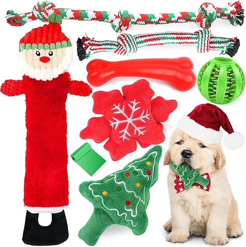 Juguetes navideños para perros, paquete de 8 unidades  Santa chirriante de felpa masticable para cachorros, cuerda interactiva duradera para