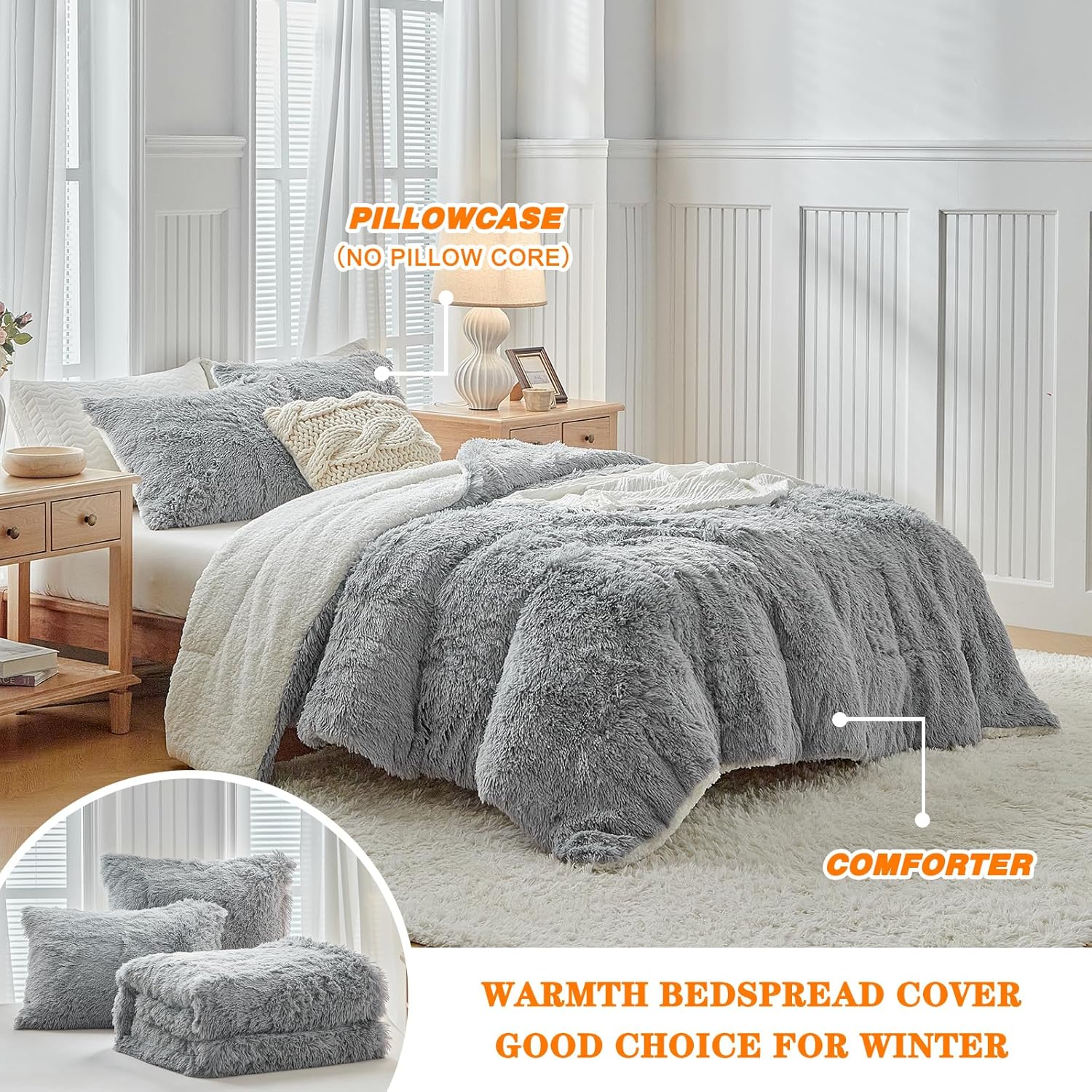 Uozzi Bedding Gray Faux Fur Comforter Set King 3 Pieces - 1 Shaggy Comforter 104x90 and 2 Pillowcases, Ultra Soft and Easy Care Luxury plush Super Warm Winter Shaggy Duvet Set - Image 3