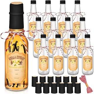 Tioncy 12 Pcs 5 Oz Vanilla Extract Bottles for Homemade Vanilla Jar Woozy Glass Bottle with Cap, Shrink Capsules, Sticker Syrup Gift Food Storage Canister for Hot Sauce Spice Dressing Homemade(Black)