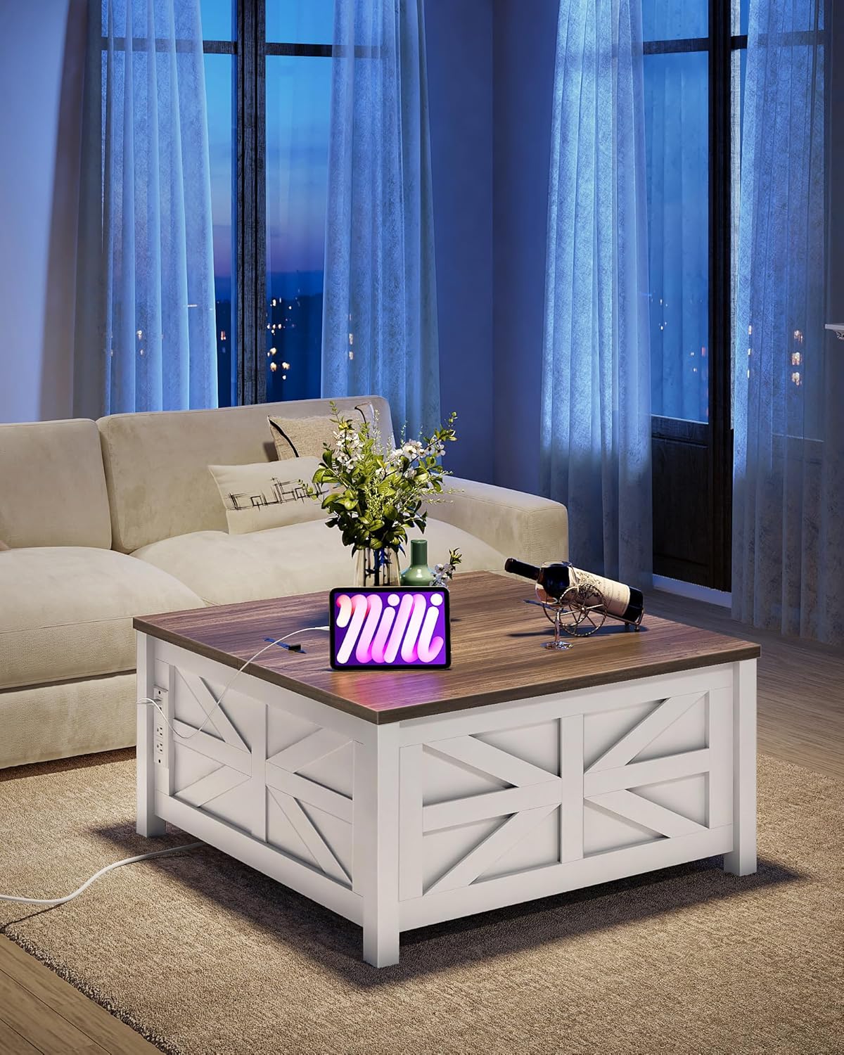 31.5" Lift Top Coffee Table, Farmhouse Coffee Table with Charging Station and Storage, 2 AC Outlets and 2 USB Ports, White and Walnut MKF02UWAN1