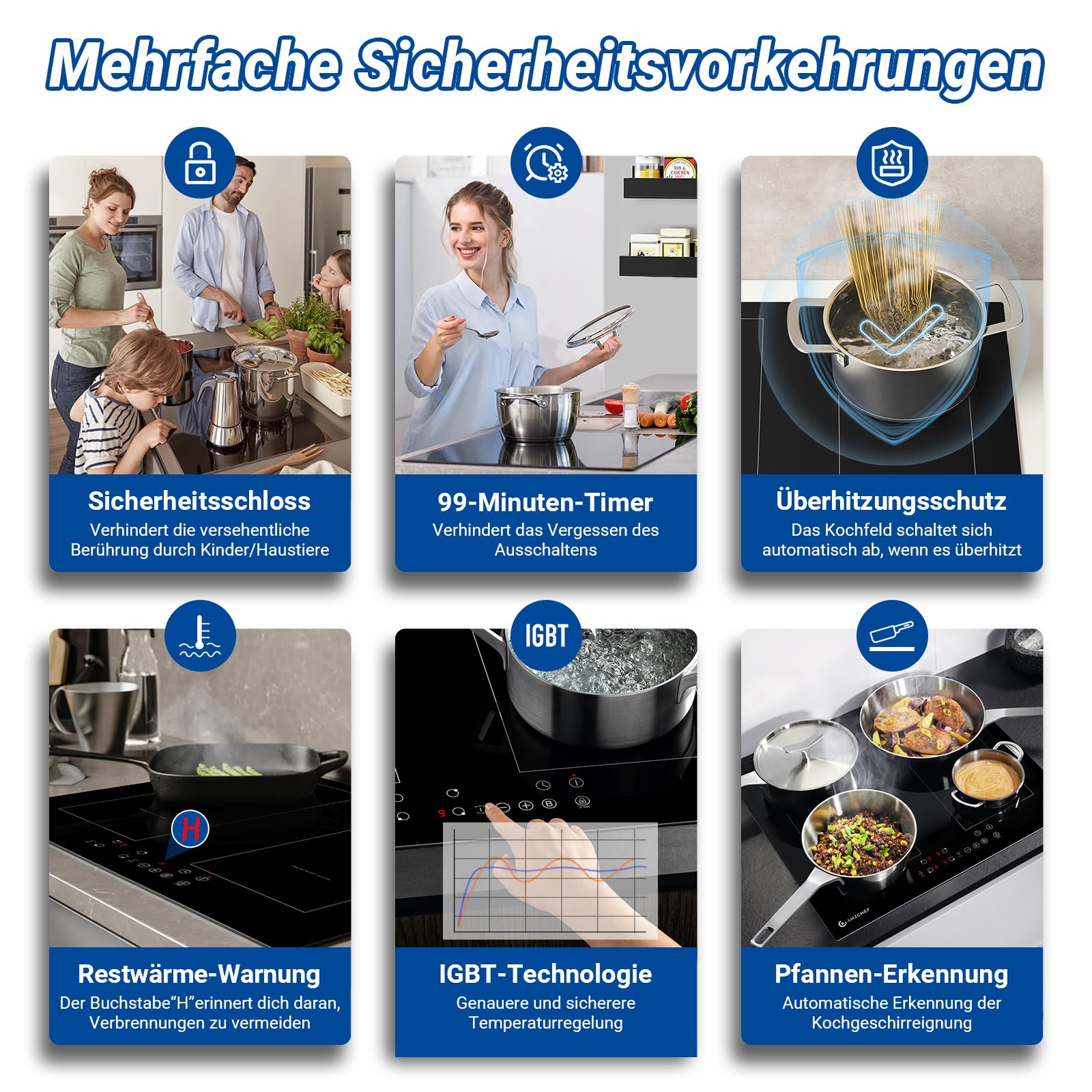 AMZCHEF Induktionskochfeld 60cm mit Zwei Flexzonen, 4 Zonen Induktionskochplatte mit Boost-Funktion und 9 Leistungsstufen, Touch-Bedienung, Timer, Sicherheitsschloss, Überhitzungsschutz, BBQ, 7200W | Sicherheitsverriegelung, automatische Abschaltung, Prot